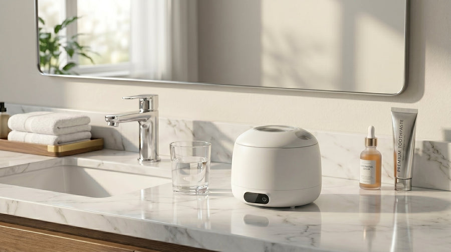White Voraiya Oral Station on a modern minimalist bathroom vanity, showcasing premium morning oral care routine
