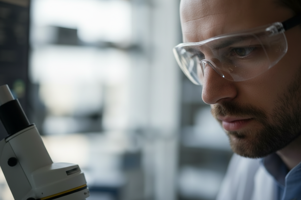 Professional researcher conducting electron microscope analysis for the F22 clinical study, proving Voraiya Oral's superior effectiveness in removing plaque and biofilm from aligners.