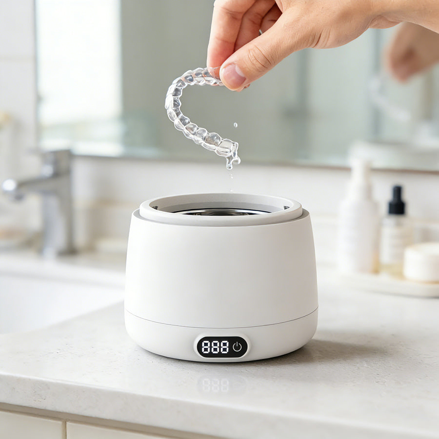 Voraiya-ultrasonic-cleaner-for-dentures-and-retainers-on-bathroom-counter