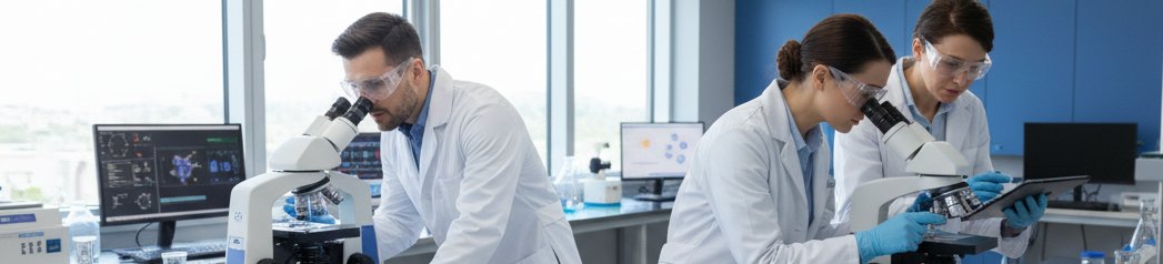 Researchers are using microscopes in the laboratory.